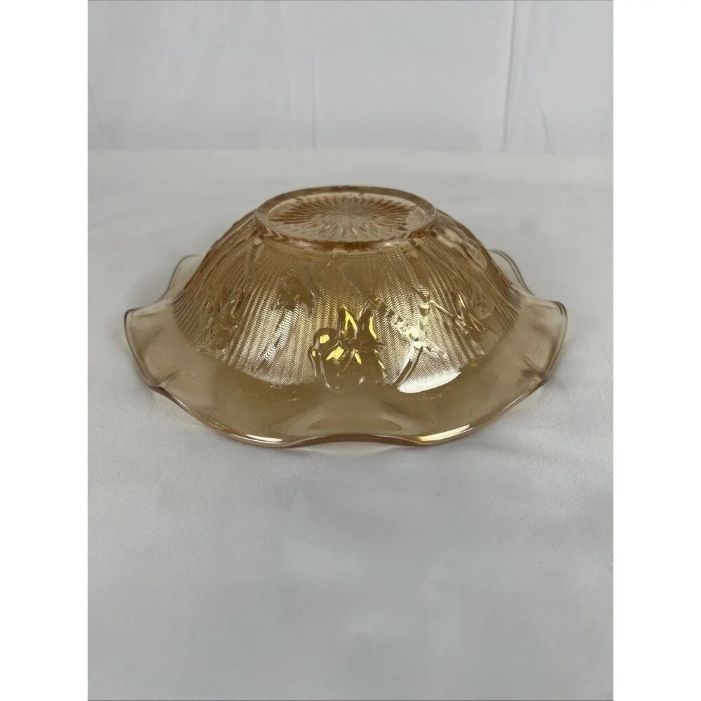 Vintage Amber Carnival Glass Ruffled Dish Bowl Floral Pattern Scalloped Edge